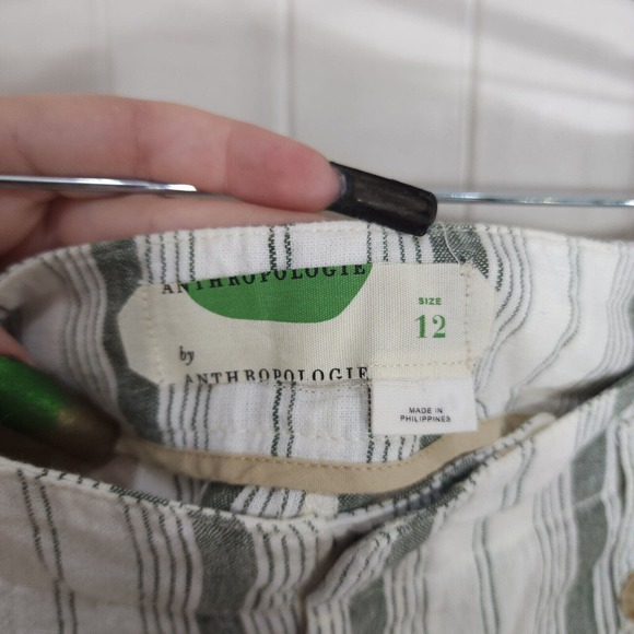 by Anthropologie Shorts Womens 12 White Green Stripe Pokets Linen Blend Beachy - Picture 8 of 10